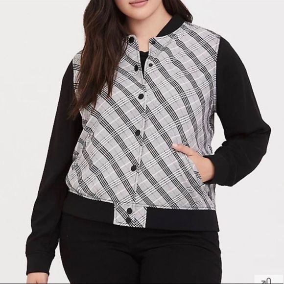Torrid Black White & Pink Plaid Twill‎ Bomber Jacket - Picture 2 of 13